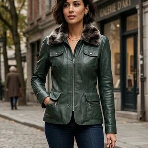 DANIER Forest Green Leather Jacket Removable Faux Fur Collar Quilted Lining Luxe